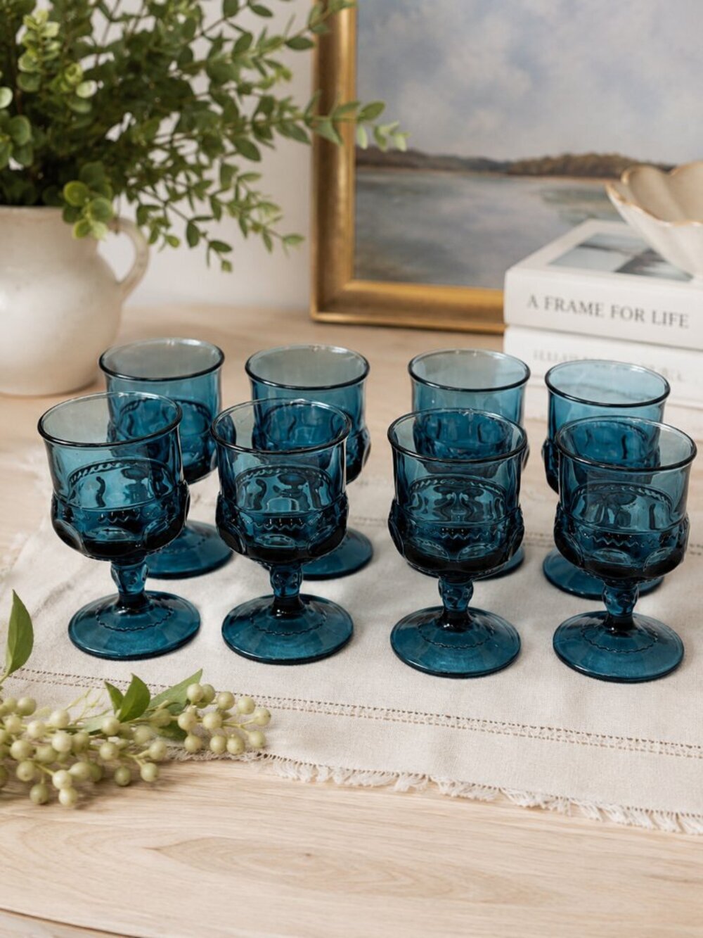 Vintage Indiana Glass Kings Crown Riviera Blue Goblets Set of 8 Thumbprint